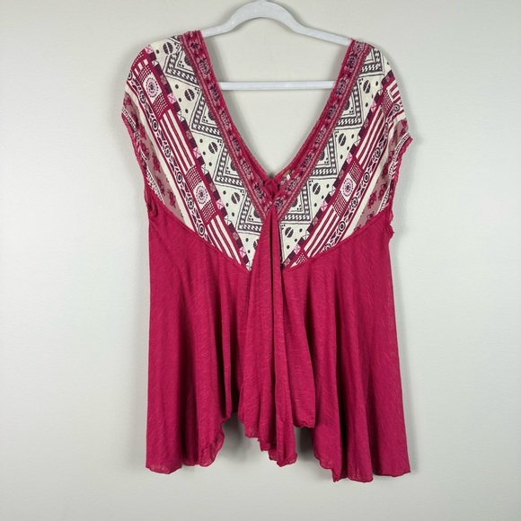 Free People Top Womens Small Deep V-Neck Flowy Floral Boho Red Pink Oversized - Picture 6 of 6